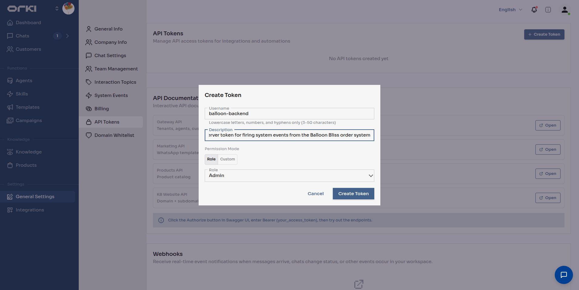 Create token dialog