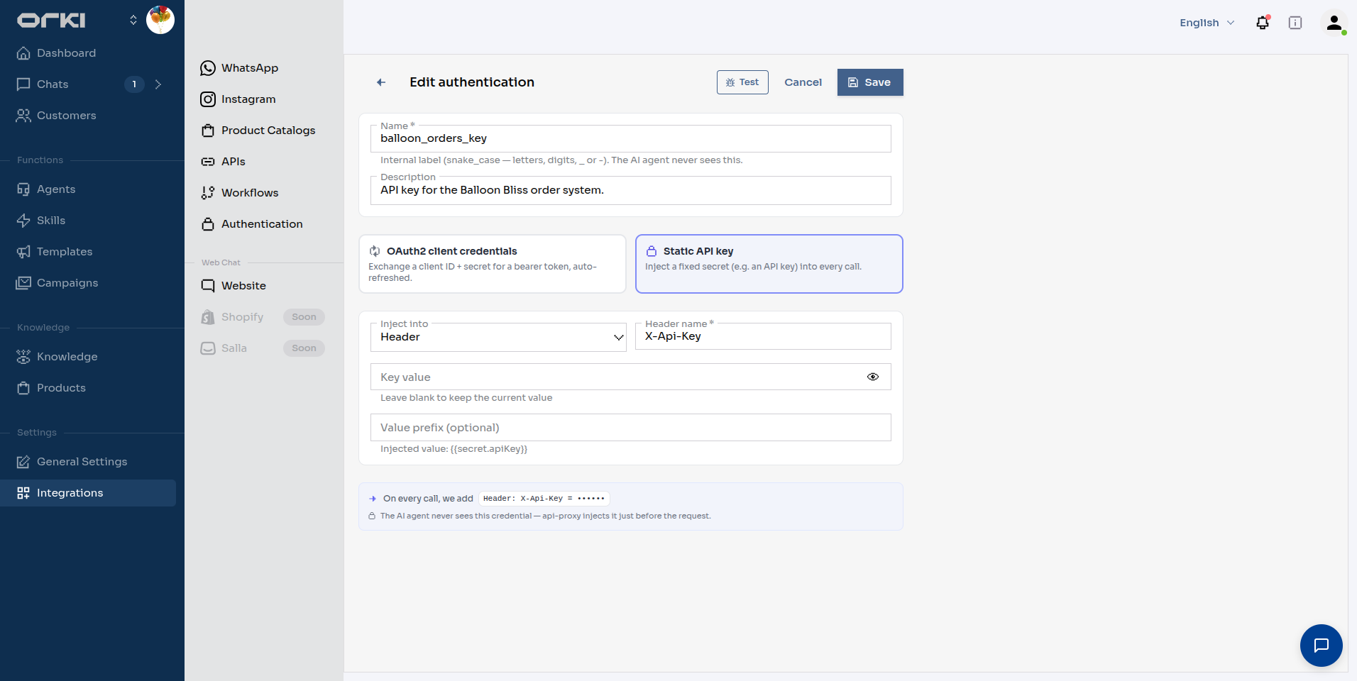 Static API key form