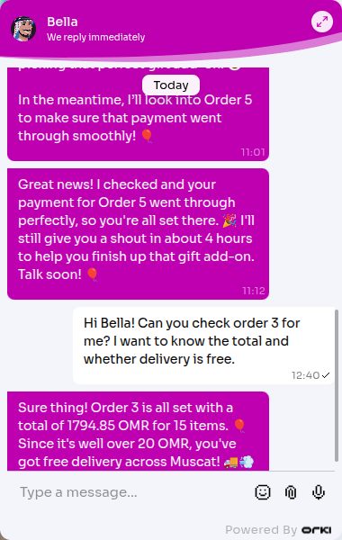 Bella answering an order question through the workflow