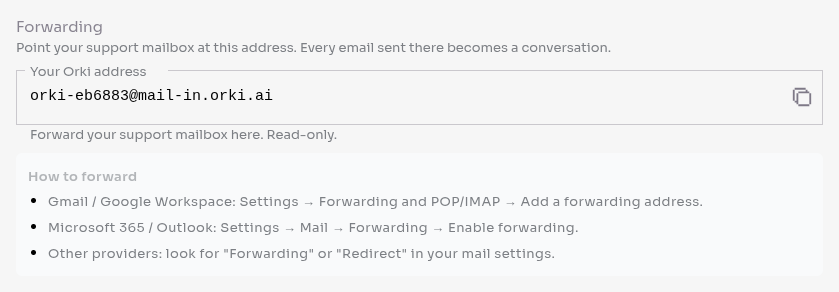 The forwarding card with your Orki address
