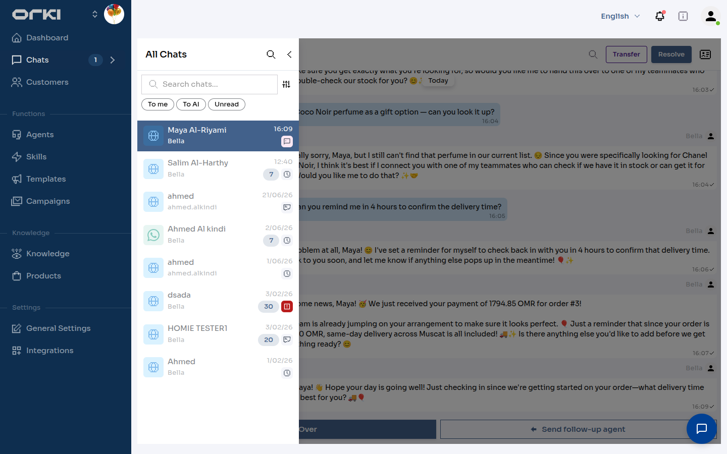 The Send follow-up agent button in the chat inbox