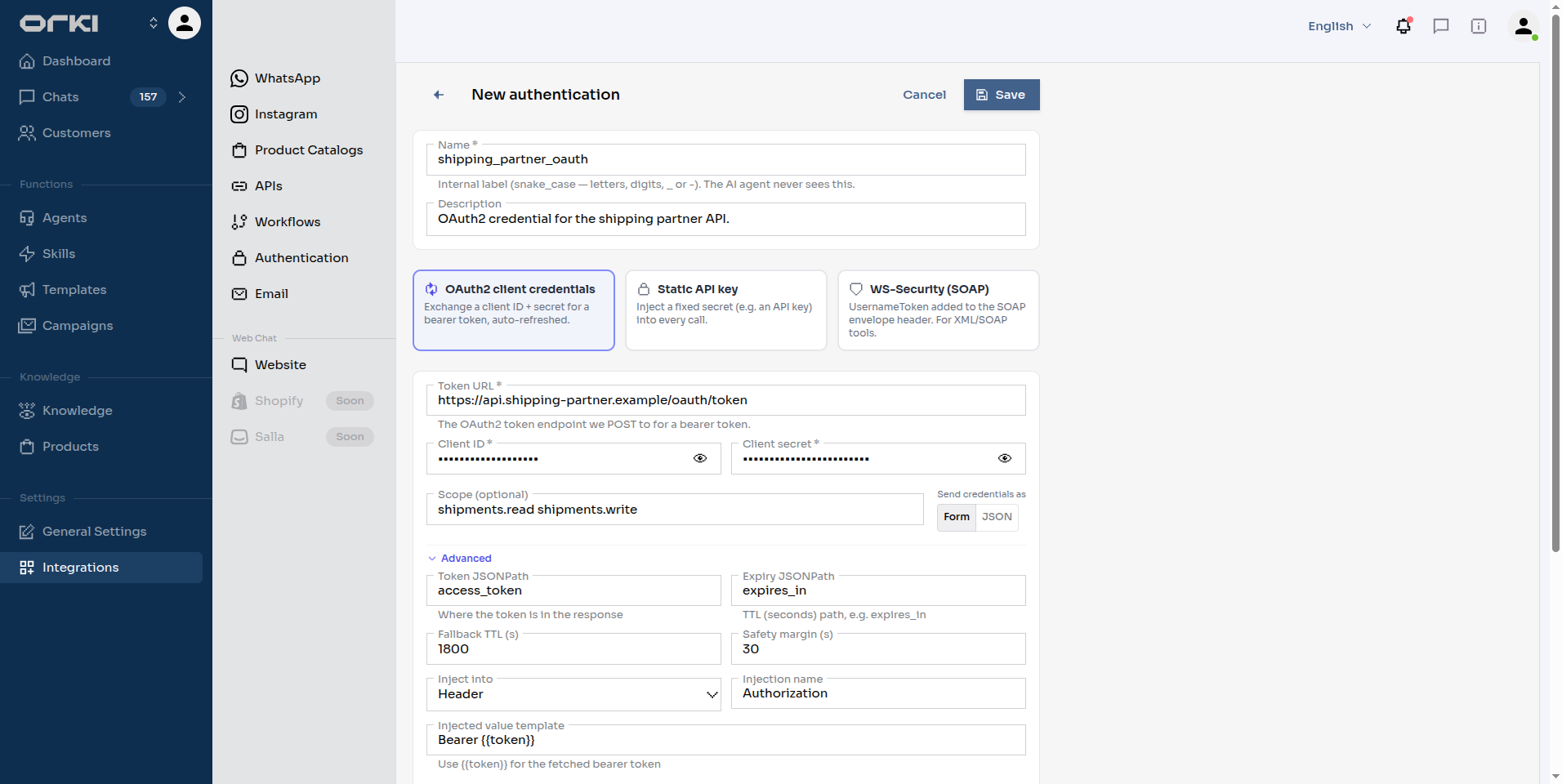 The Advanced section of an OAuth2 provider