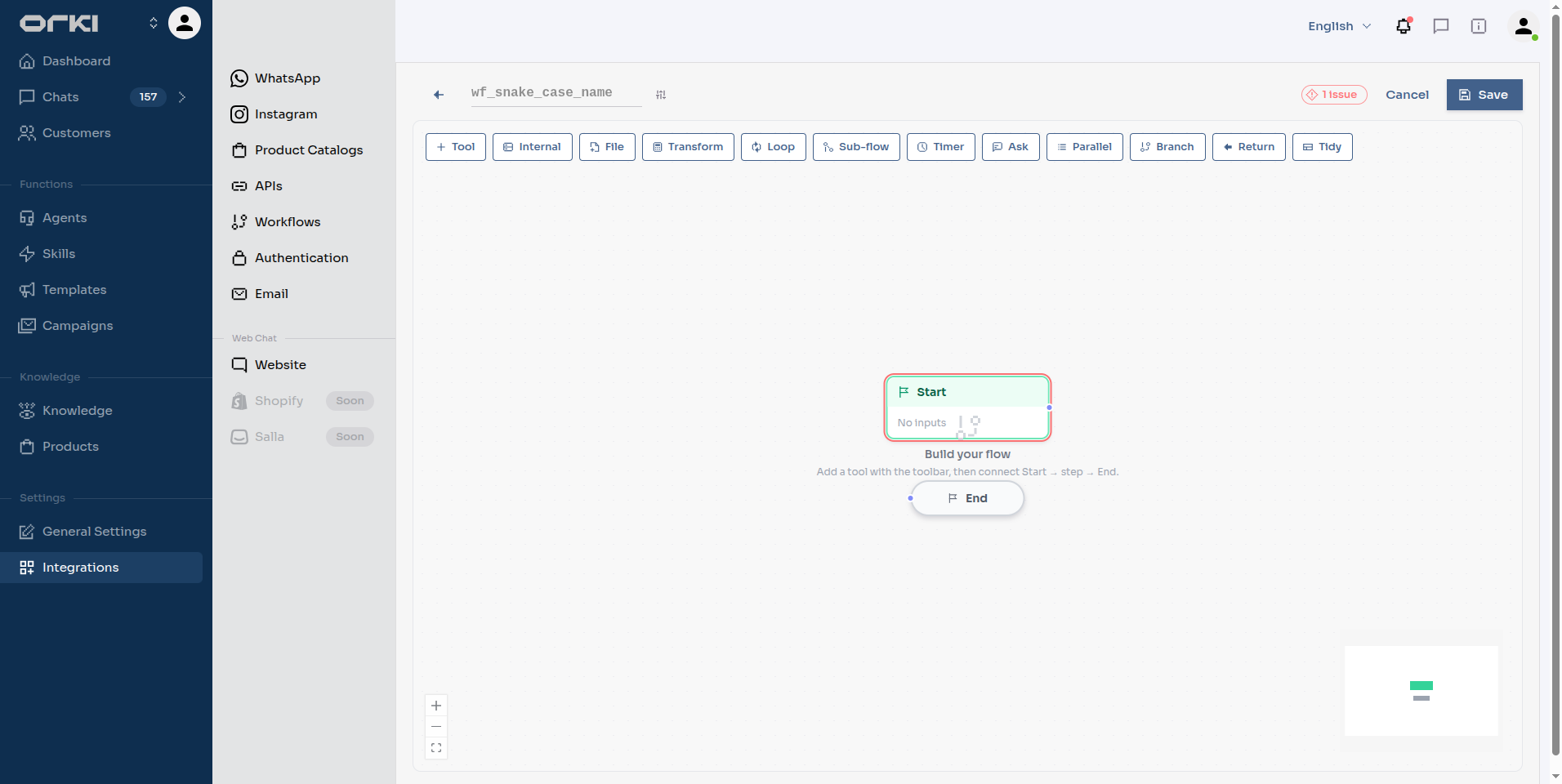 The workflow builder node palette