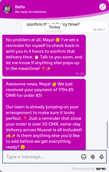 Bella confirming the payment after the event fired
