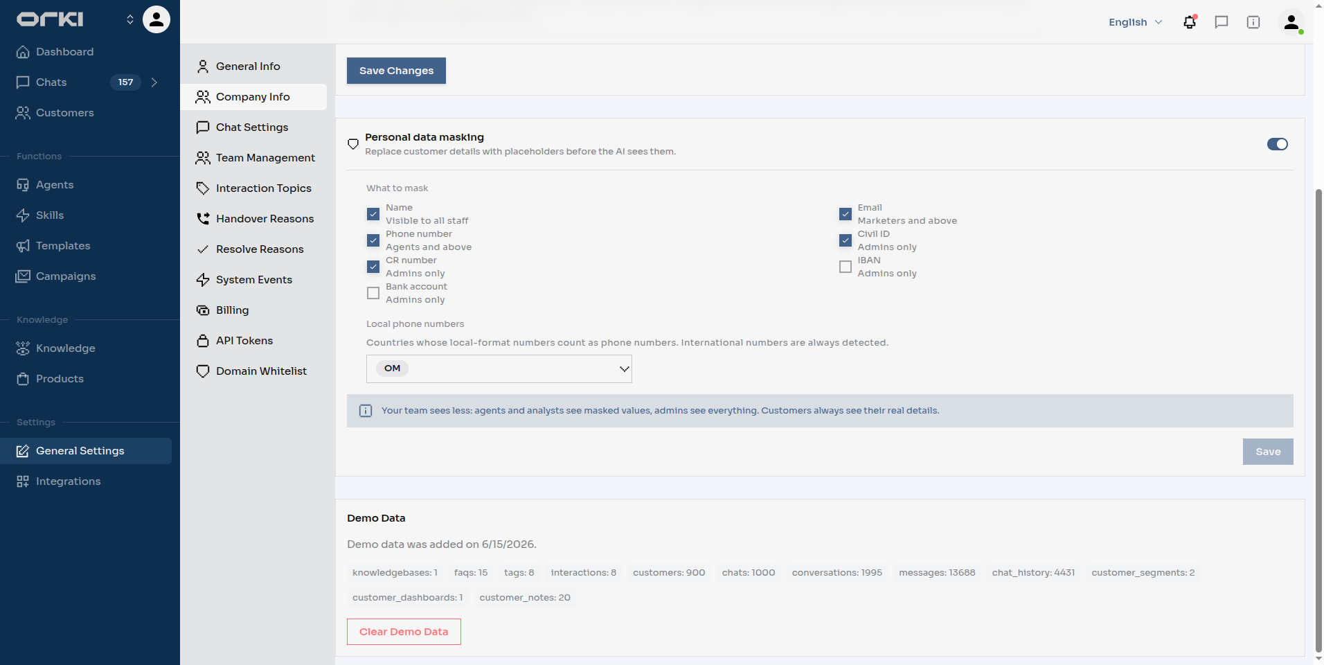 The Personal data masking card in Company Info
