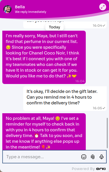 Bella confirming a customer-requested reminder